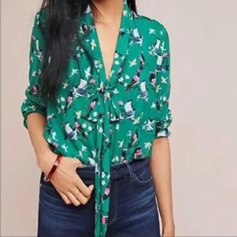 Conversations by Anthropologie Green Women's Top with Bird Pattern